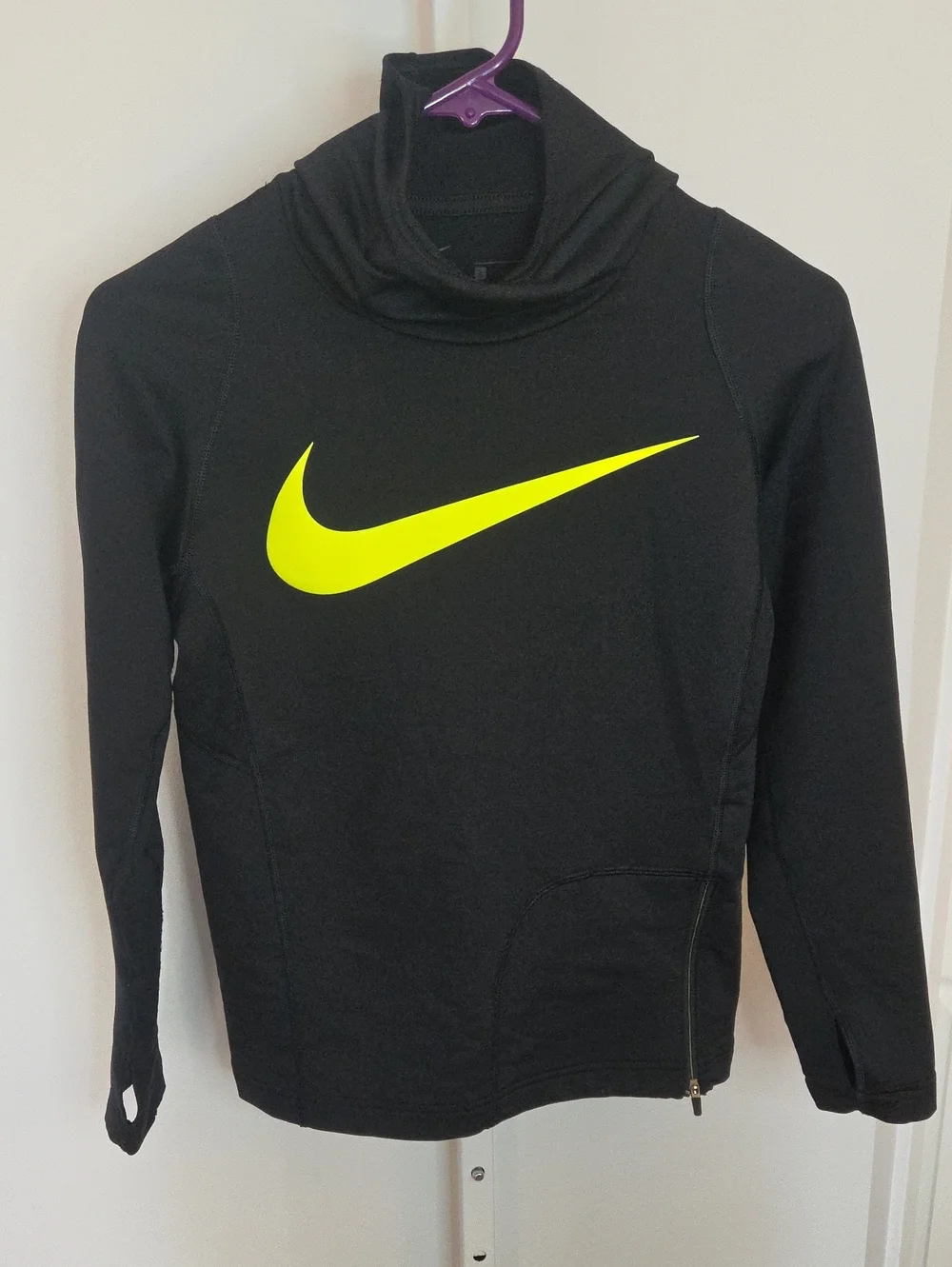 Boys Nike Pro Hyperwarm Dri Fit Fitted Hoodie Black Neon Yellow Thumbholes Large